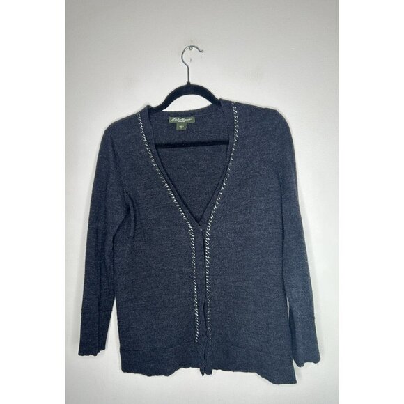 Eddie Bauer 100% Merino Wool Cardigan Women’s V Neck Sweater Gray Size Medium - Picture 1 of 11